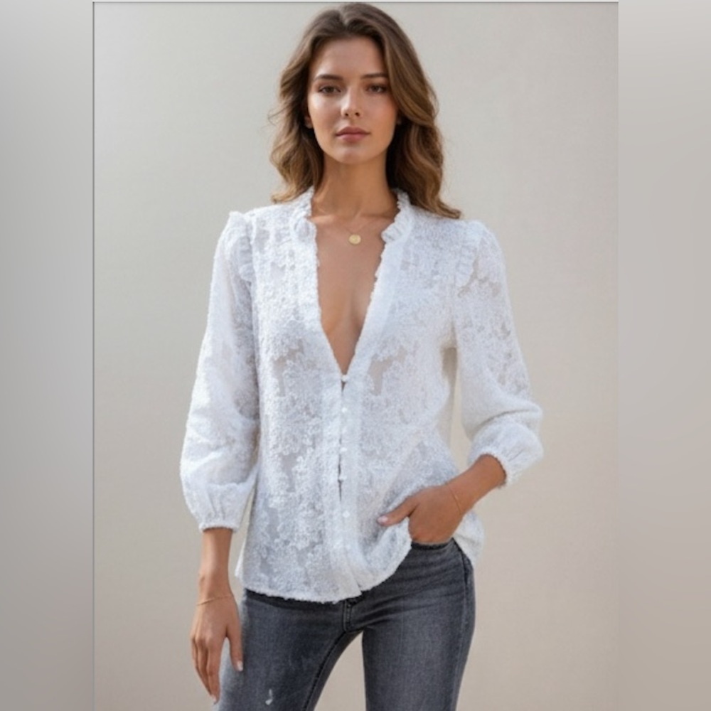 Fuzzy Notched Neck Bishop Sleeve Blouse - Picture 2 of 7